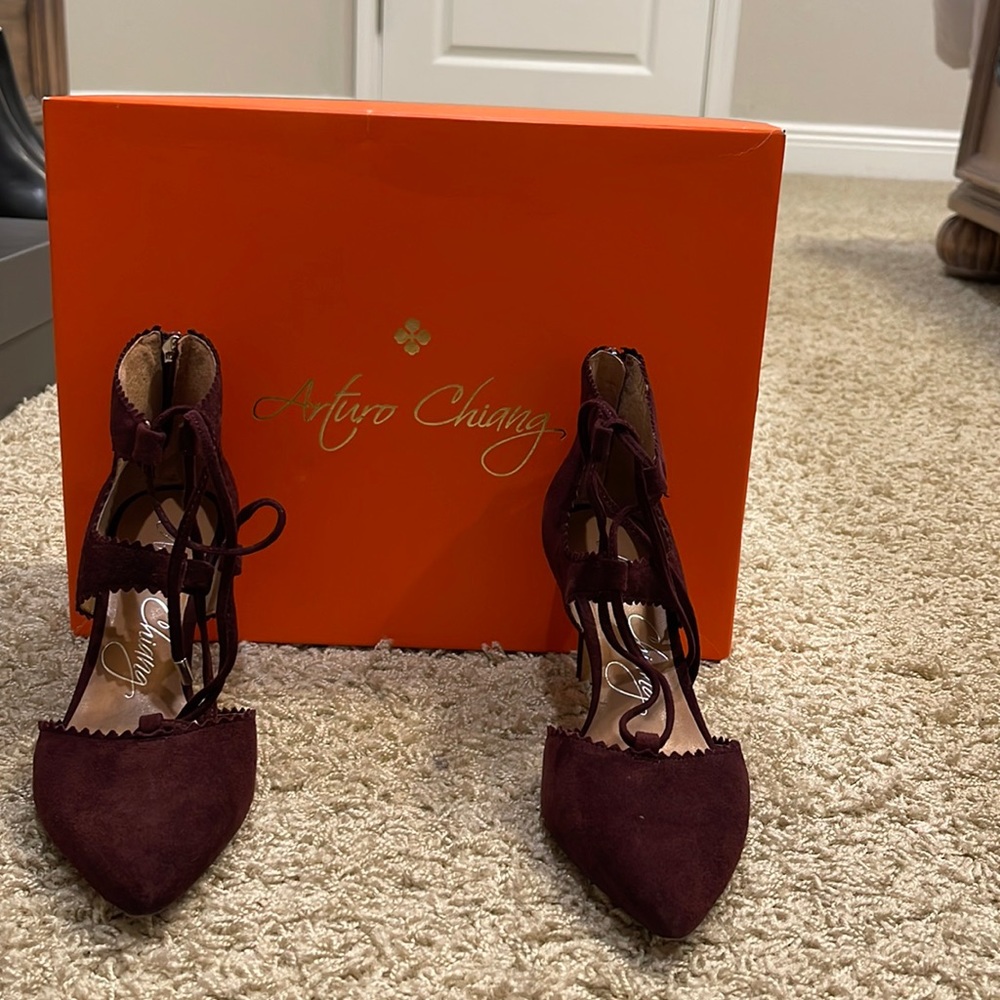 Arturo Chiang Malbec (deep burgundy) Suede heels size 6.